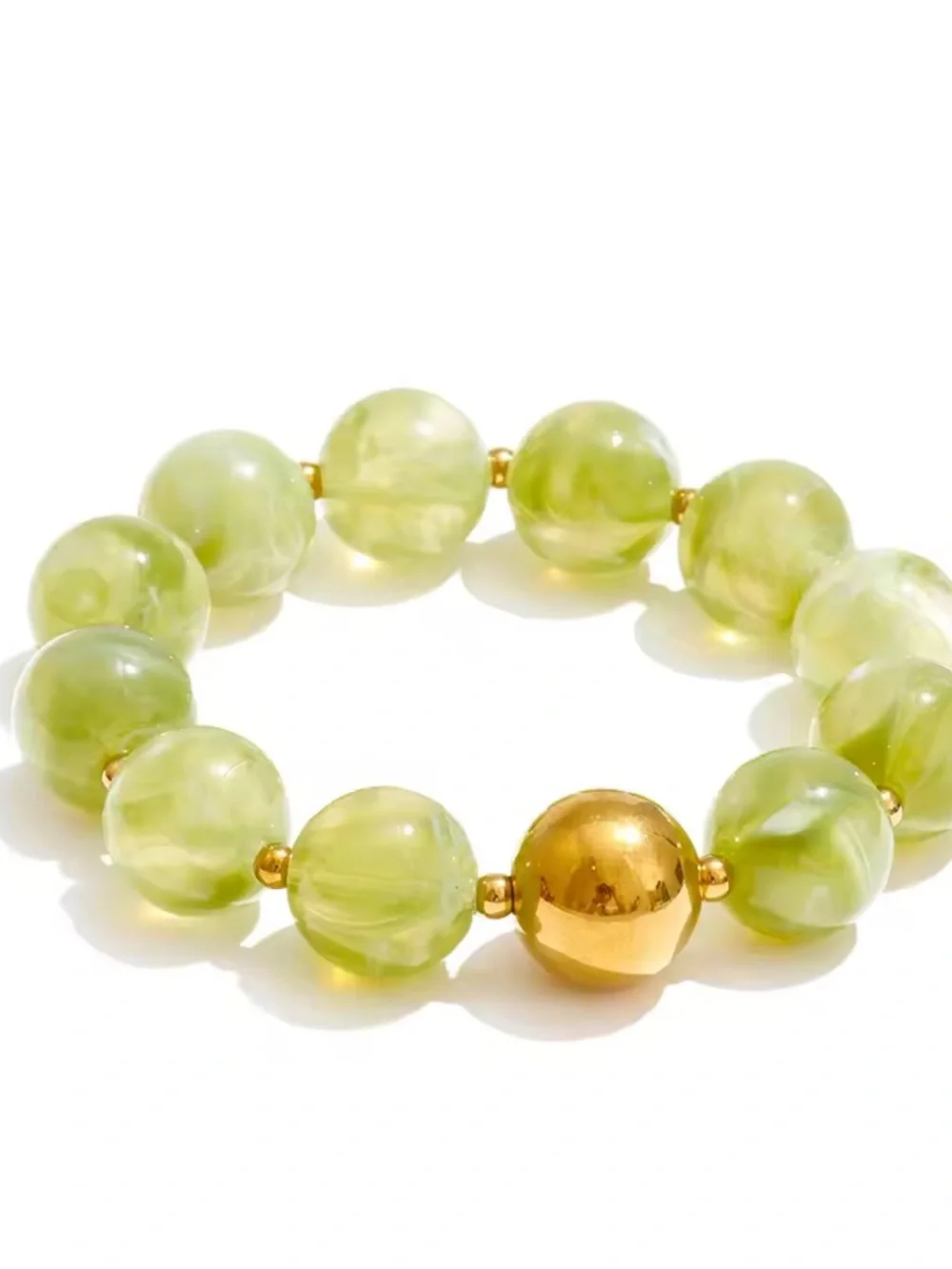 Green Beaded Stretch Bracelet with Gold Accent